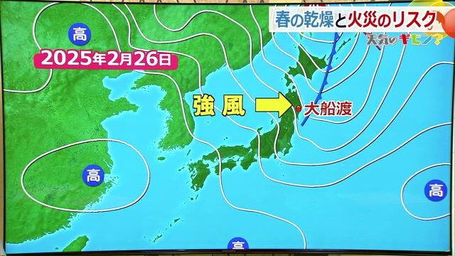 大船渡で山火事が発生した2月26日の気圧配置