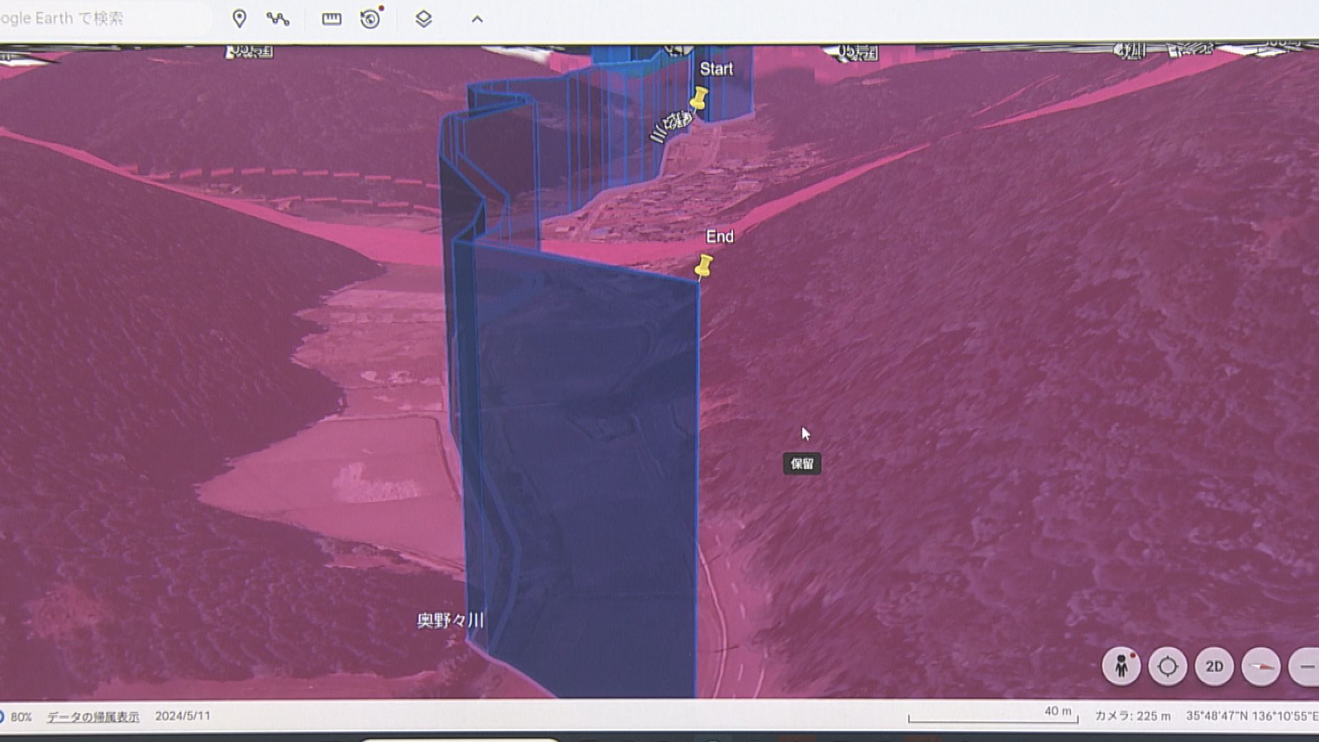 事前に設定された河川上空の飛行ルート