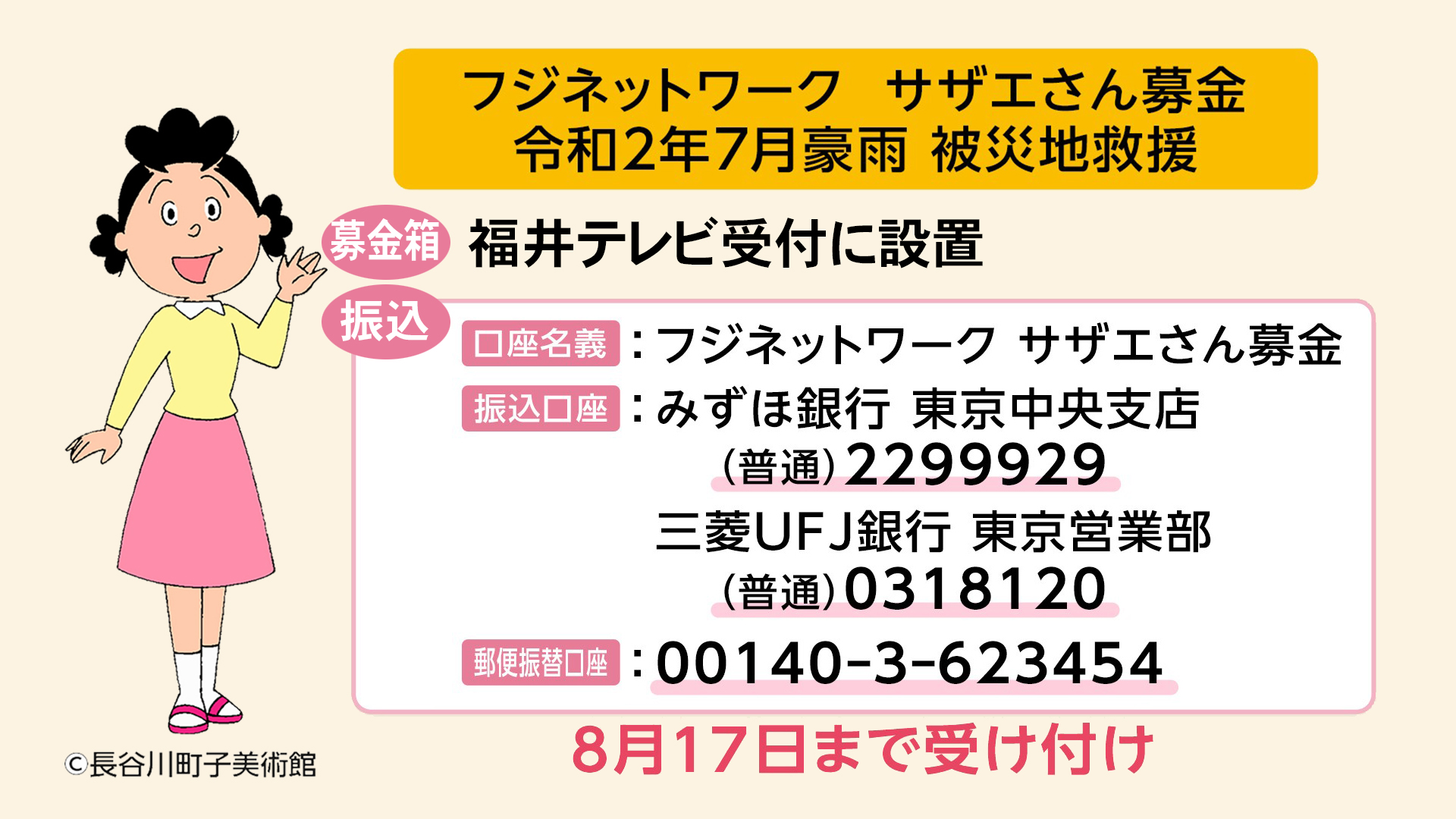 フジネットワーク サザエさん募金 令和2年7月豪雨 被災地救援について お知らせ 福井テレビ